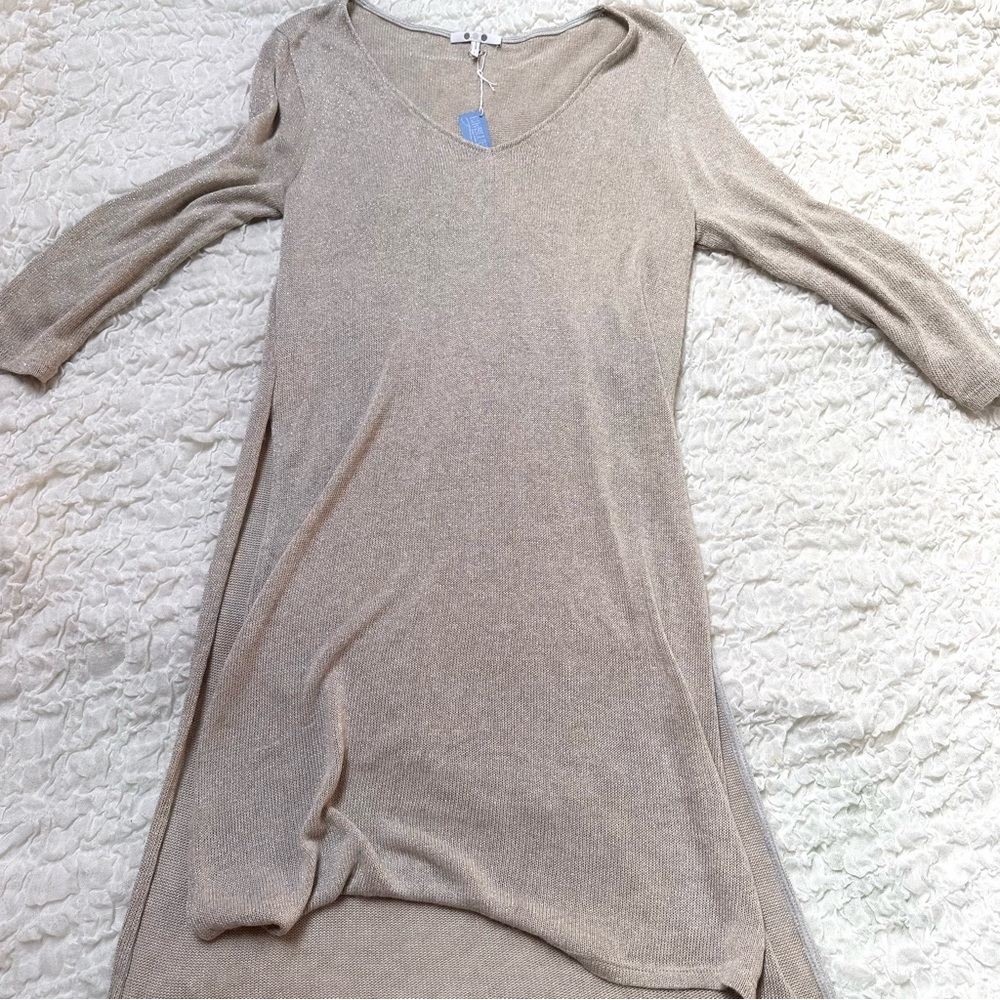 Three Dots Knit Gold Metallic Double Slit Tunic Sweater Large